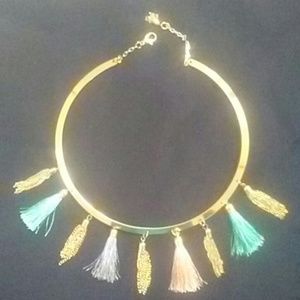 Tassel necklace gold, blue, pink and, purple